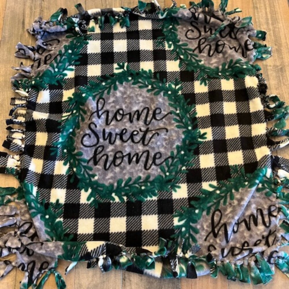 Handmade tied Fleece Lap, Throw, Blanket "Home Sweet Home" 28" x 32"
